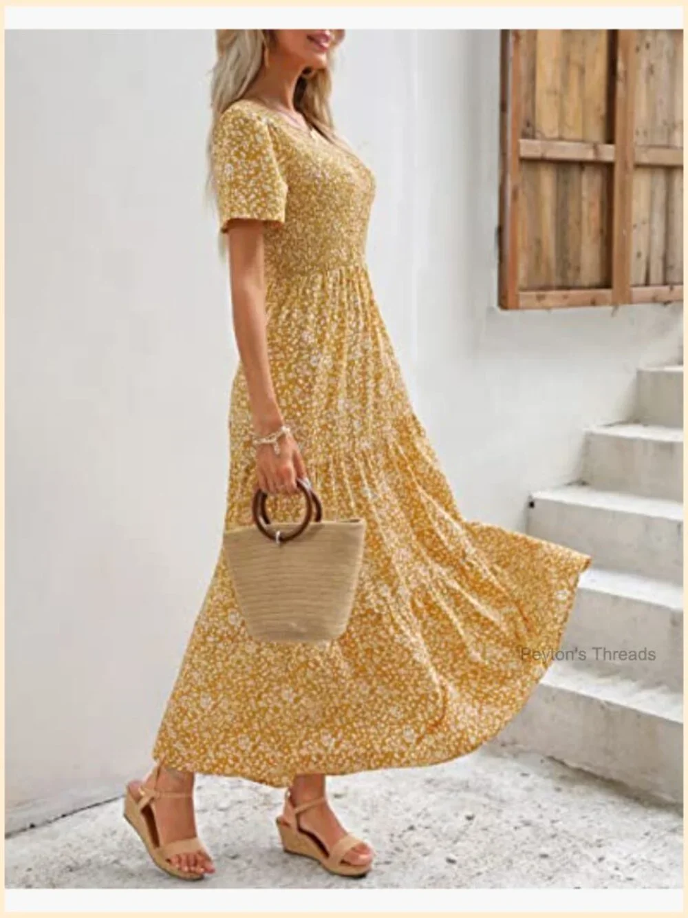 Smocked Floral Maxi Dress with Short Sleeves - Casual Wedding Guest - Picture 3 of 7